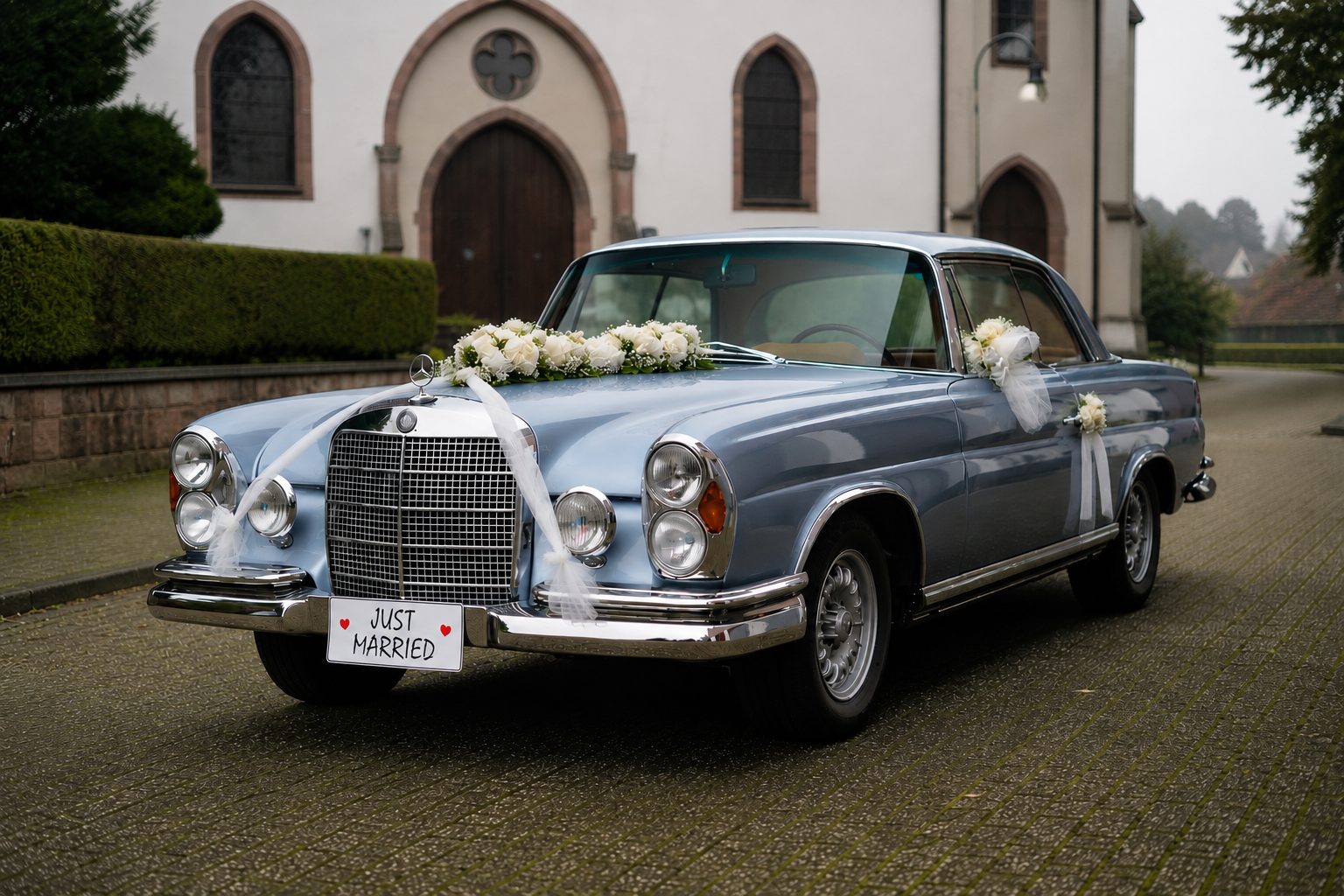 Front der Mercedes Benz S-Klasse als Hochzeitsauto mit weißen Schleifen und Blumen