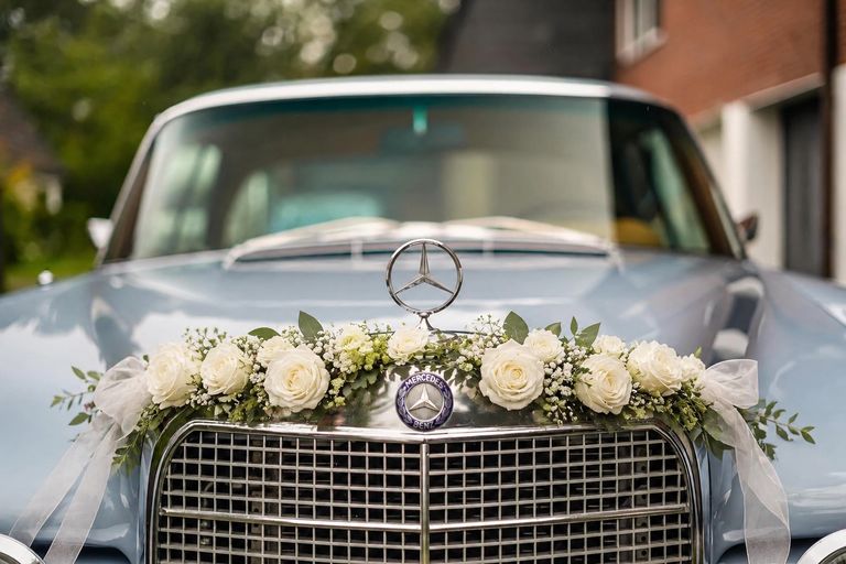 Mercedes Kühlerfigur mit weißen Rosen – Titelmotiv des Foto-Spot-Guides